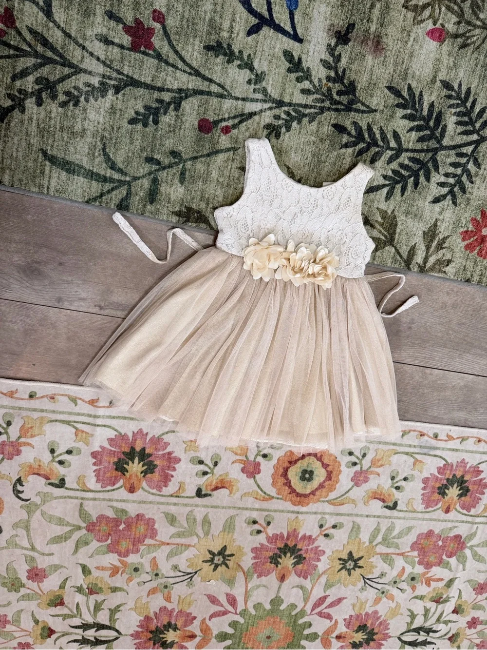 Sweet Heart Rose Toddler Girl Lace and Beige Formal Dress 3T Tulle Flower Waist